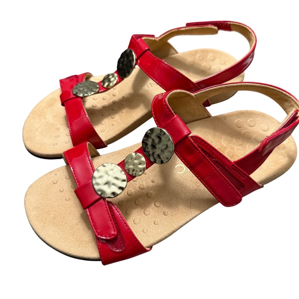 Vionic Rest Farra Red Gold Jeweled Strappy Comfort Sandals Womens Size 8 Wide